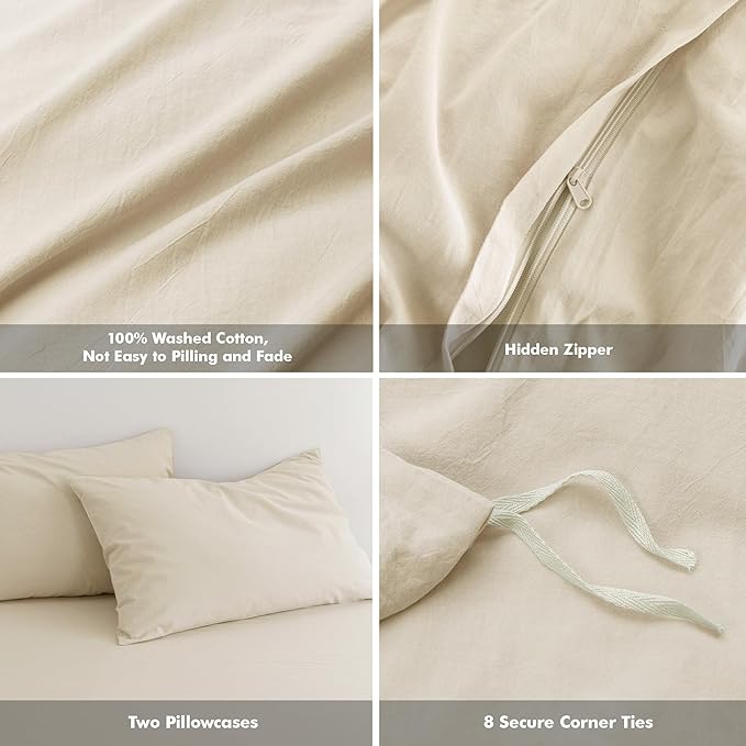 FOSSA Duvet Cover Set 100% Washed Cotton Linen Feel Super Soft Breathable Cozy 3 Pieces Bedding Sets Solid Almond Grey Twin