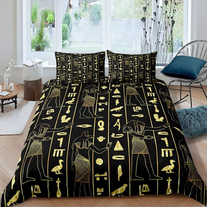 Feelyou Ancient Egypt Comforter Cover Set Egyptian Symbol Duvet Cover Vintage Pharaoh Pyramid Bedding Set Boho Tribal Quilt Cover 2 Pillowcases Queen Size