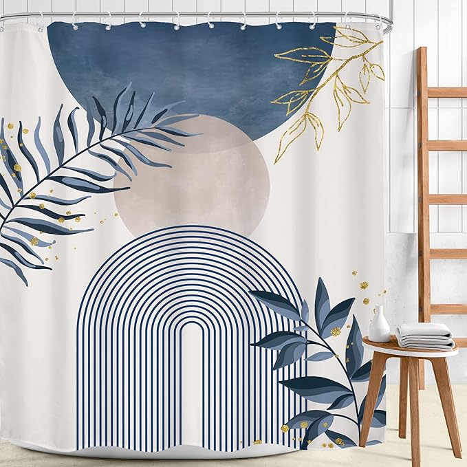 Blue Gray Boho Shower Curtain 72Wx84H Extra Long Dusty Blue Modern Bohemian Abstract Gold Leaf Mid Century Plant Bathroom Decor Minimalist Geometric Bath Curtain Fabric Polyester 12 Pack Hooks