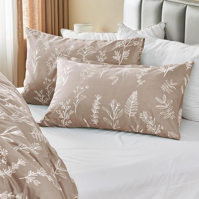 MUXHOMO Duvet Cover King Size, Reversible Floral Taupe Duvet Cover Set with Zipper Closure, 3 Pieces Botanical Patterns Soft Microfiber Bedding Set with 4 Ties (90"x104", 2 Pillow Cases)