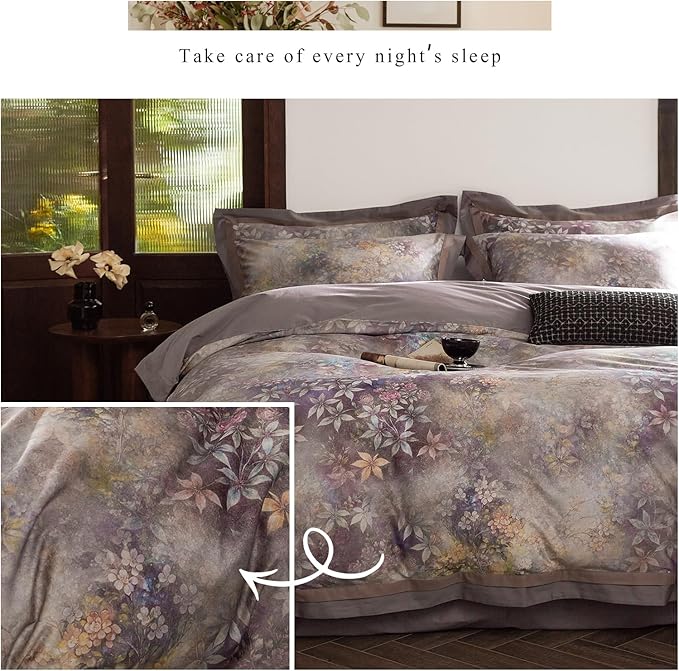 mixinni Vintage Floral Duvet Cover Set - Queen Size, 100% Long Staple Cotton Percale, Reversible Purple Floral Bedding Set with Zipper Closure, 3-Piece Luxury Duvet Cover with 2 Pillow Shams (20"x26")