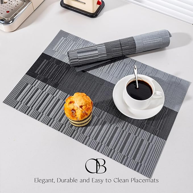 Placemats Set of 12 - Easy Clean Woven Vinyl Placemats for Dining Table, Indoor/Outdoor Place Mats, Washable PVC Table Mats （Silver Gray Black）