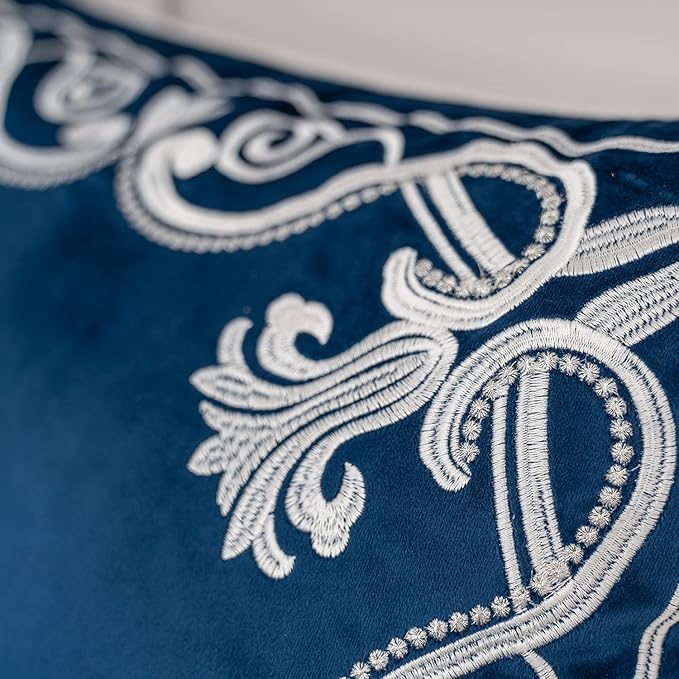 Aeckself European Floral Pillow Cover 16x16 Inch, Luxury Velvet Embroidered Decorative Throw Pillow Cover for Couch Bedroom Living Room, Navy Blue and White