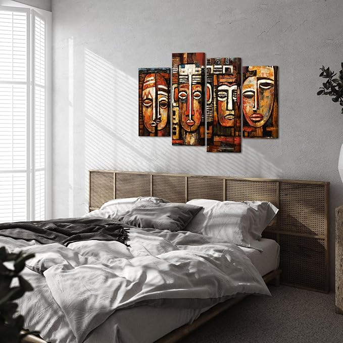 KREATIVE ARTS 4 Panel African American Wall Art Masks Tribal Ethnic Canvas Prints Vintage Poster Pictures Artwork Black Art Paintings for Living Room Ready to Hang L48xH33Inches