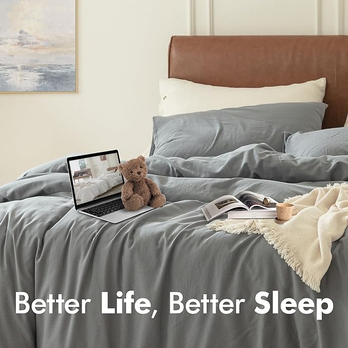 FOSSA Duvet Cover Set 100% Washed Cotton 2 Pieces Bedding Set Twill Soft Cozy Breathable Sturdy Substantial with Textured Weave Solid Blueish Grey Twin/Twin XL