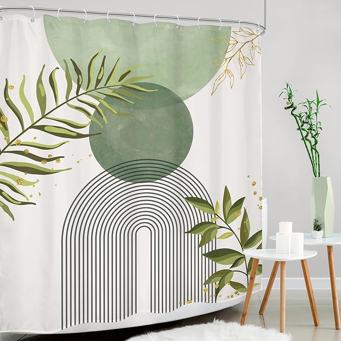 Sage Green Boho Shower Curtain 60Wx72H Modern Bohemian Abstract Leaves Olive Dark Green Mid Century Plant Bathroom Decor Minimalist Geometric Arch Bath Curtain Fabric Polyester 12 Pack Hooks
