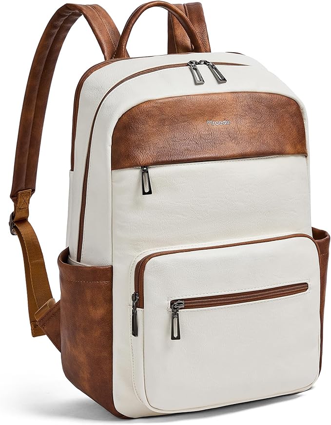 Leather Laptop Backpack for Women 15.6 Inch Laptop Travel Backpack Purse Casual Daypack with Laptop Compartment for College Work Nurse Business Weekender, Beige Brown