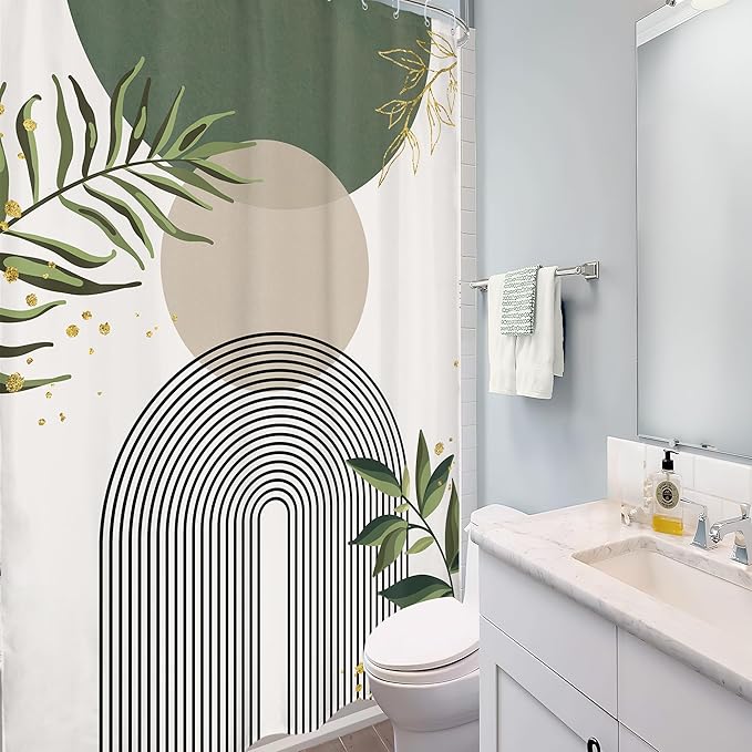 Small Stall Green Boho Shower Curtain 54Wx78H Rv Modern Bohemian Abstract Sage Green Gold Leaves Plant Minimalist Narrow Half Bathroom Decor Geometric Bath Curtain Fabric Polyester 12 Pack Hook