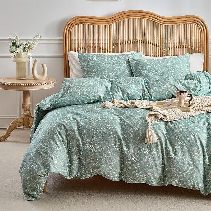 mixinni 3 Pieces Duvet Covers King Size, 100% Cotton Comforter Cover Wildflower Printed on Sage Green Floral Bedding Set with Zipper Closure 4 Ties (1 Duvet Cover 104"x90", 2 Pillow Cases 20"x36")