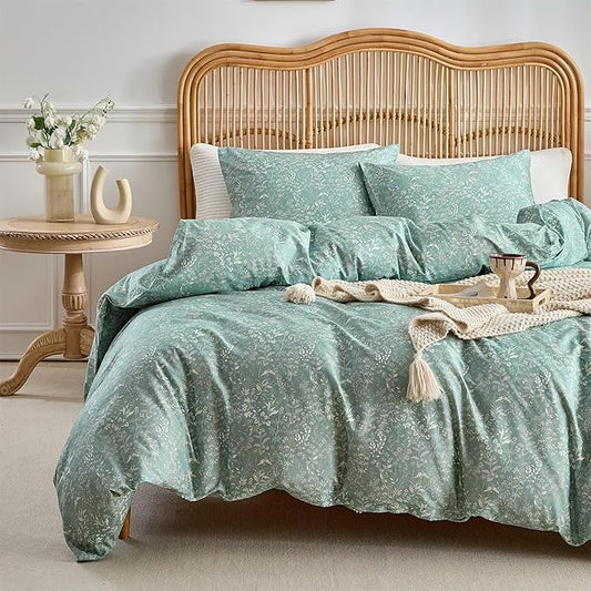 mixinni 3 Pieces Duvet Covers King Size, 100% Cotton Comforter Cover Wildflower Printed on Sage Green Floral Bedding Set with Zipper Closure 4 Ties (1 Duvet Cover 104"x90", 2 Pillow Cases 20"x36")