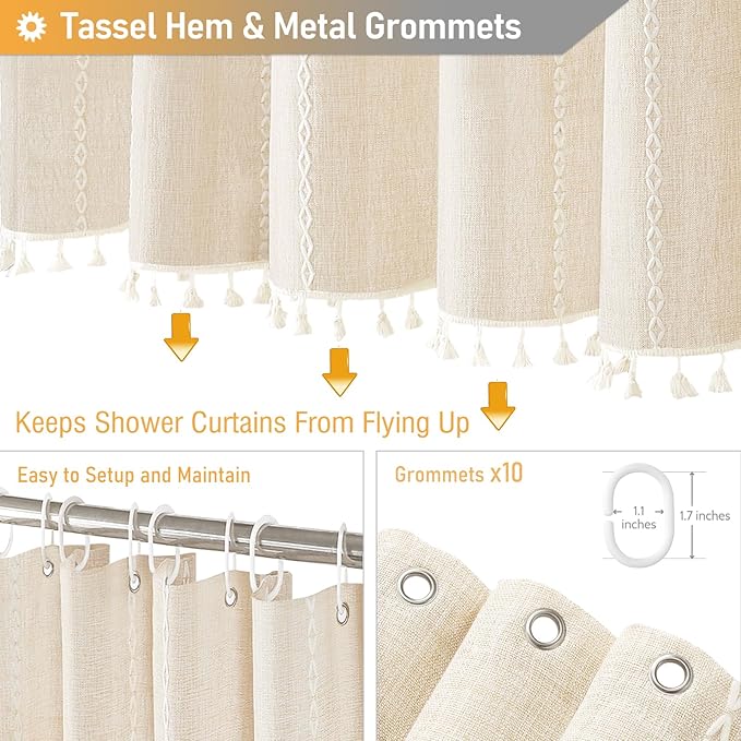 BTTN Stall Shower Curtain - 60x84 Long Boho Farmhouse Linen Fabric Tassel Shower Curtain Set with 10 Plastic Hooks, Narrow Bohemian Country Chic Decorative Shower Curtains for Bathroom - Cream/Beige