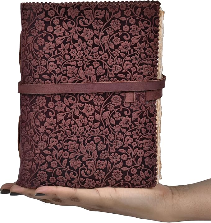 LEATHER VILLAGE Leather Bound Floral Embossed Journal for Women Men - 200 Pages, 8”X6”(A5), Fuchsia - Book of Shadows, Vintage Blank Paper Travel Diary, Notebook for Writing, Drawing, Sketchbook