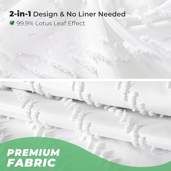 Extra Long Shower Curtains 72 x 84 Inches White Tufted Chevron Striped Fabric Shower Curtains for Bathroom Modern Shabby Chic Waterproof Cloth Shower Curtain, White