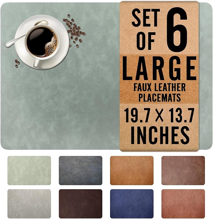 UnivoColors Washed Cowhide Pattern Faux Leather Big Size Placemats Set of 6, Waterproof Easy to Clean Anti-Slip PU Table Mats for Party Decoration19.7″×13.6″,Light Green Retro Cowhide Pattern