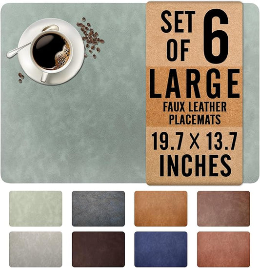 UnivoColors Washed Cowhide Pattern Faux Leather Big Size Placemats Set of 6, Waterproof Easy to Clean Anti-Slip PU Table Mats for Party Decoration19.7″×13.6″,Light Green Retro Cowhide Pattern