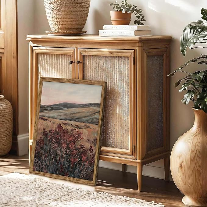 Framed 3D Textured Wall Art, Vintage Landscape Wall Decor Painting, Hand Drawn Sandstone Moody Dark Wildflower Pictures Artwork for Living Room Bedroom 16x24 inch Wood Frame