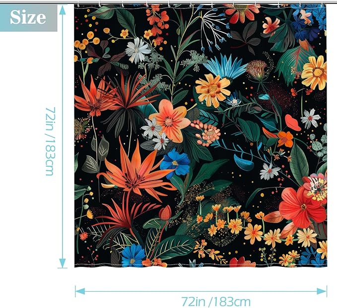 Aimego Black Floral Shower Curtain - Dark Vintage Flower Plants Boho Chic Colorful Botanical Leaves Fabric Cloth Bath Shower Curtain Set with 12 Hooks for Bathroom Decor Accessories, 72"x72"