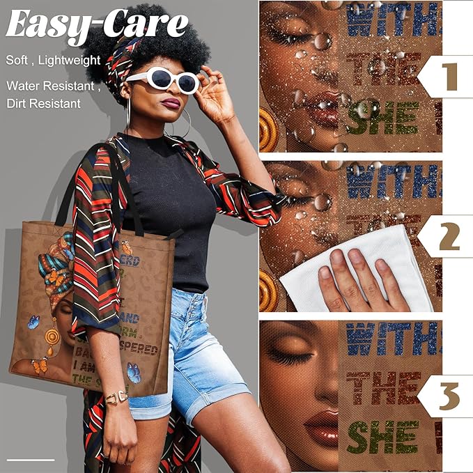 African American Women Tote Bag Black Shoulder Handbag For Women Fit Work Beach Labtops With Zip