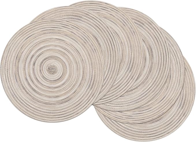 SHACOS Round Braided Placemats 15 inch Set of 6 Washable Kitchen Table Placemats for Home Wedding Party (Rainbow Gray, 6)