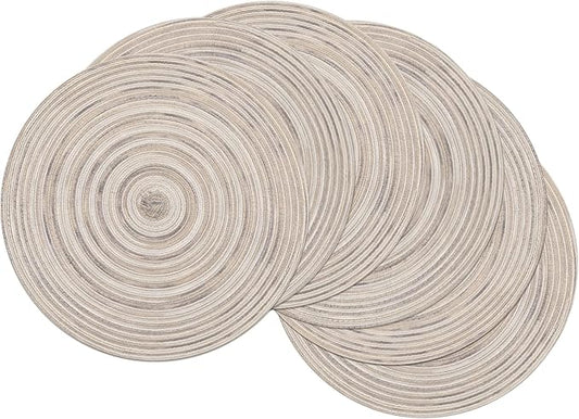SHACOS Round Braided Placemats 15 inch Set of 6 Washable Kitchen Table Placemats for Home Wedding Party (Rainbow Gray, 6)