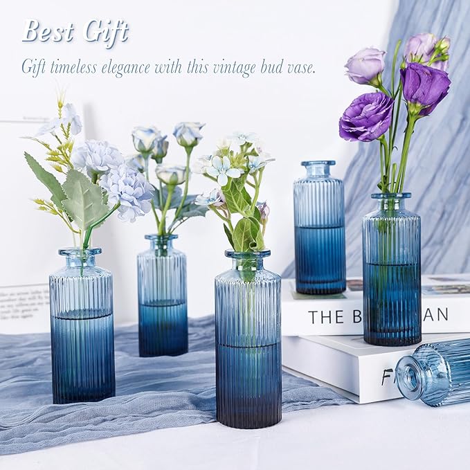 Navy Blue Glass Bud Vases Set of 12, Mini Ribbed Flower Vase for Centerpieces, Small Glass Vases in Bulk for Wedding Decorations, Vintage Vase for Table, Recepetion, Graduation, Home Décor