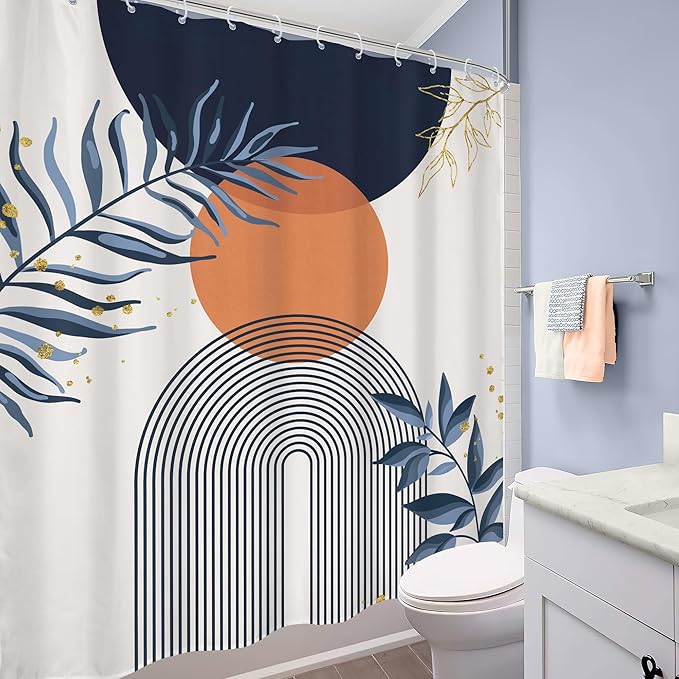 Navy Blue Boho Shower Curtain 60Wx72H Modern Abstract Bohemian Blue Gold Leaves Orange Minimalist Mid Century Plant Arch Bathroom Decor Neutral Geometric Bath Curtain Polyester 12 Pack Hooks