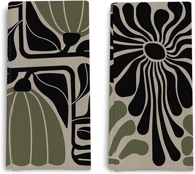 Sage Green Groovy 70s Retro Kitchen Towels Set of 2 - Boho Floral Dish Towels for Kitchen, Boho Hand Towels for Bathroom, Boho Sage Green Bathroom Kitchen Decor, 16x24 Inches