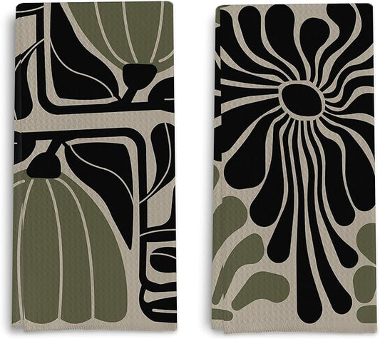 Sage Green Groovy 70s Retro Kitchen Towels Set of 2 - Boho Floral Dish Towels for Kitchen, Boho Hand Towels for Bathroom, Boho Sage Green Bathroom Kitchen Decor, 16x24 Inches