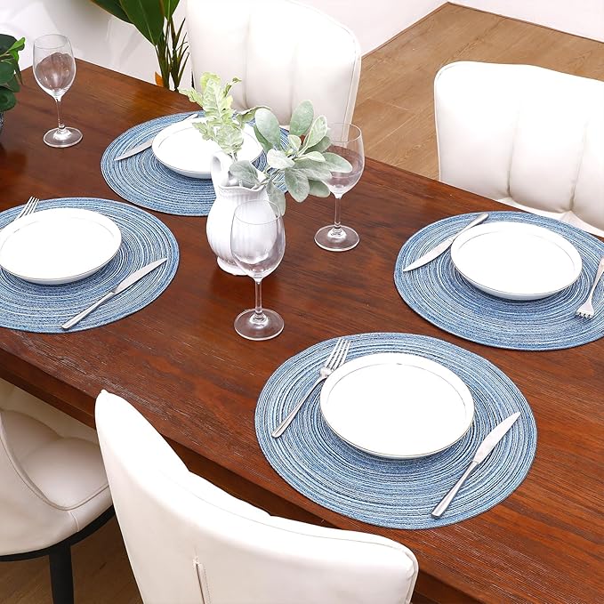 SHACOS Round Braided Placemats Set of 6 Circle Place Mats Kitchen Table Mats for Dining Table Wedding Party (Blue Gray, 6)