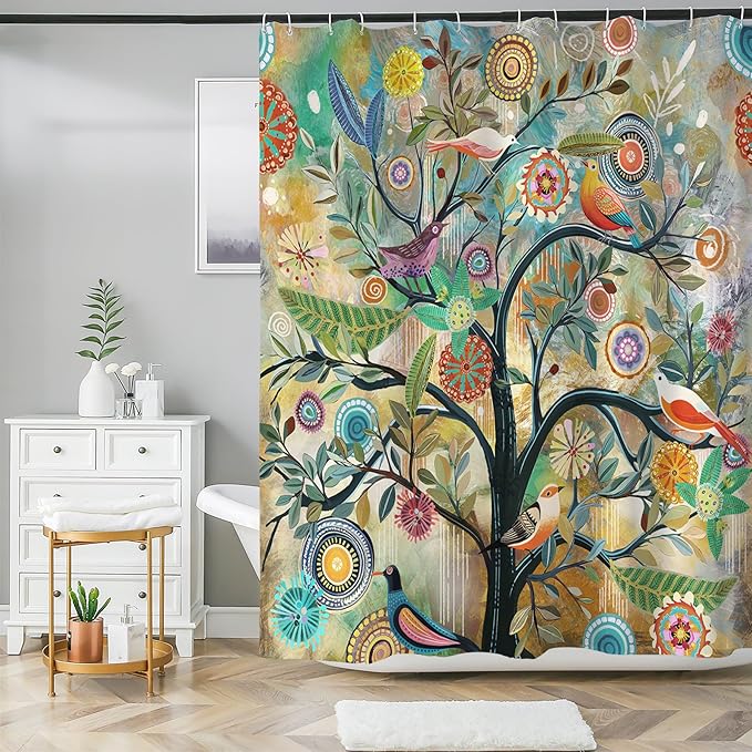 Bohemian Bathroom Curtain Colorful Boho Floral Print Beautiful Bright Polyester Fabric Cloth Shower Curtain for Bathroom Decoration, 72"x72"