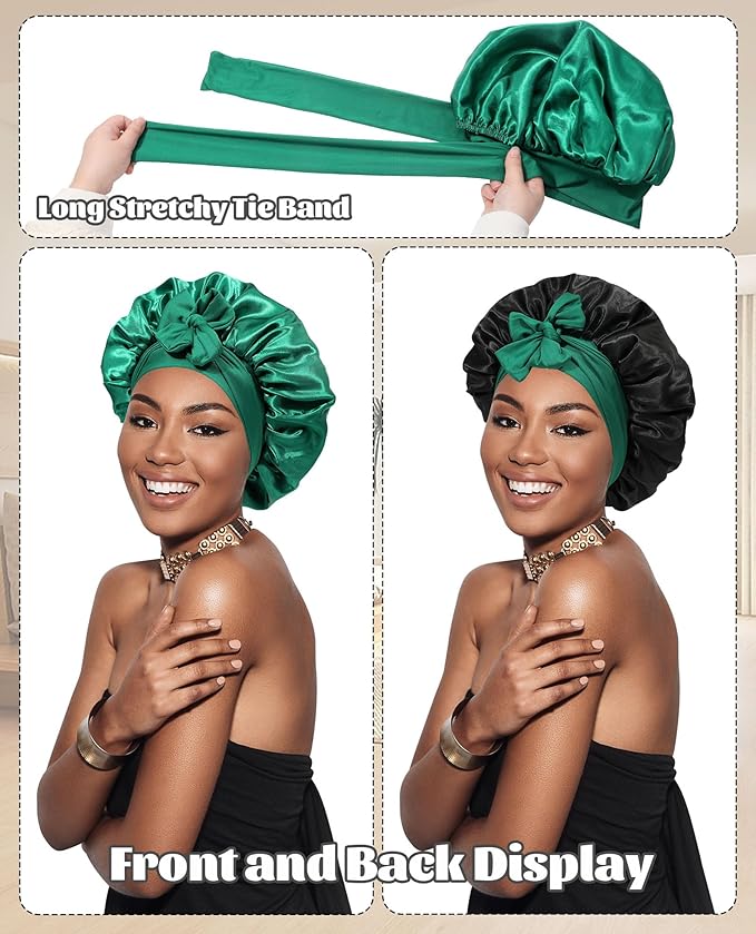 Satin Bonnet Silk Bonnet for Sleeping Silk Sleep Cap Double Layer Hair Bonnet with Elastic Tie Band for Curly Hair Night Cap (Dark Green+Black)