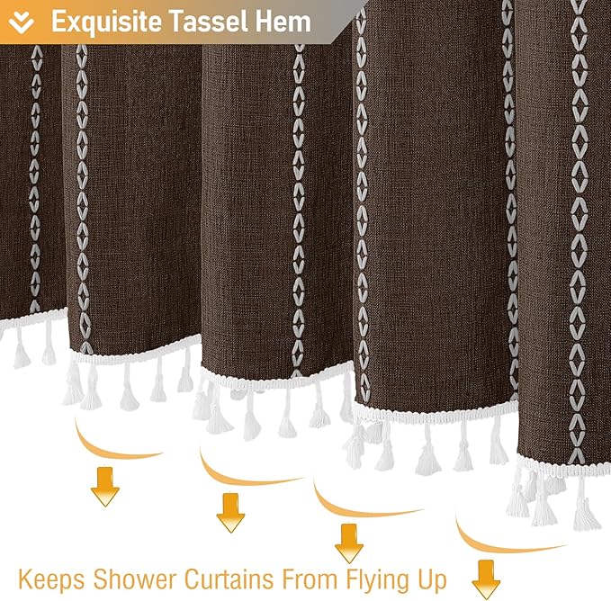 BTTN Boho Shower Curtain, Bohemian Linen Fabric Heavy Duty Striped Shower Curtains Set with Tassel, Water Repellent, Farmhouse Aesthetic Shower Curtain for Bathrooms with Hooks, 72"x72", Brown