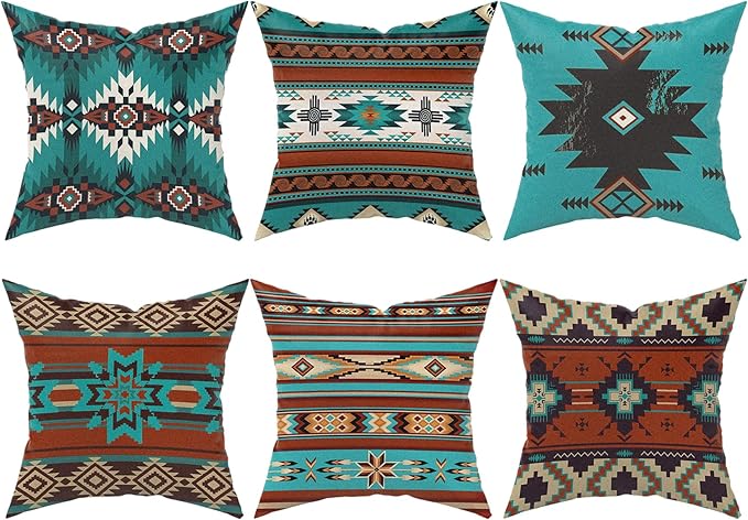 Western Throw Pillow Covers Set of 6, Southwest Aztec Mexican Turquoise Home Decor Ethnic Tribal Navajo Outdoor Couch Decorative Cushion Case 18"X18"