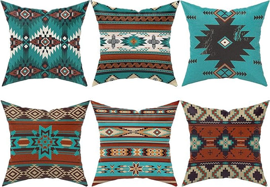 Western Throw Pillow Covers Set of 6, Southwest Aztec Mexican Turquoise Home Decor Ethnic Tribal Navajo Outdoor Couch Decorative Cushion Case 18"X18"