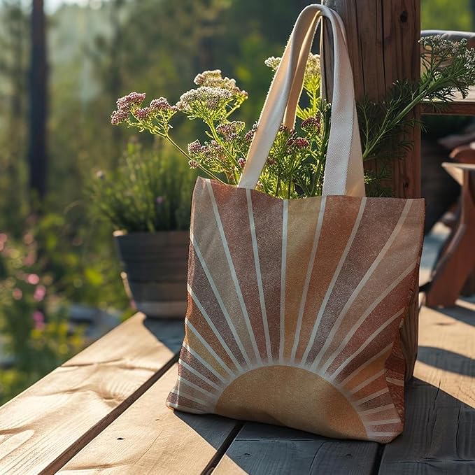 Boho Tote Bag Aesthetic, Minimalist Abstract Boho Terracotta Sun Sunshine Canvas Tote Bag for Women