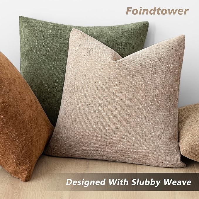 Foindtower Set of 2 Textured Chenille Throw Decorative Pillow Covers Square Accent Solid Cushion Cover Neutral Farmhouse Lumbar Pillow Case for Couch Sofa Bedroom Living Room 12x24 Inch,Cream Camel