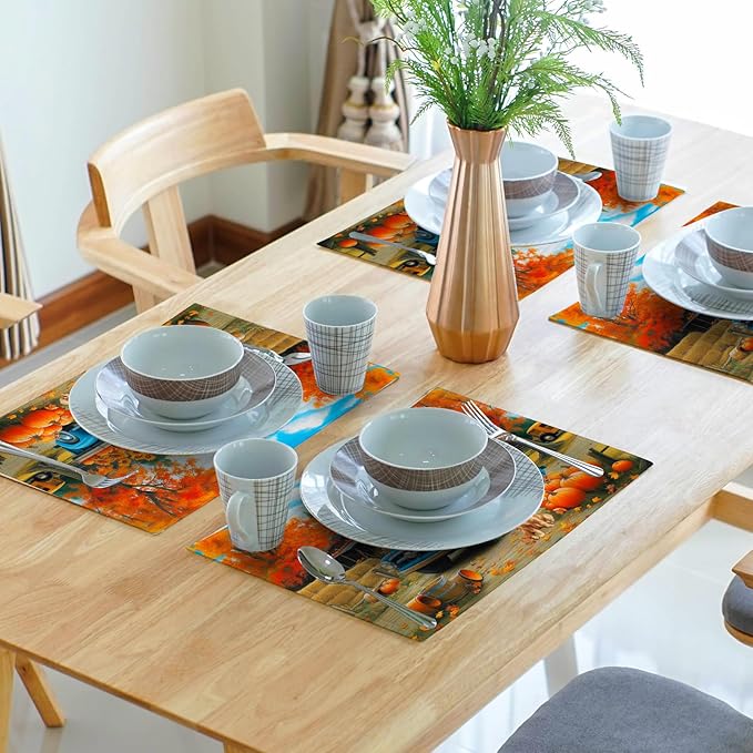 Giwawa Fall Truck Placemats Set of 4 Autumn Maple Tree Pumpkins Sunflowers Dog Decorative Linen Table Place Mat 12x18 Inch Non Slip Heat Resistance for Kitchen Dining Party Thanksgiving
