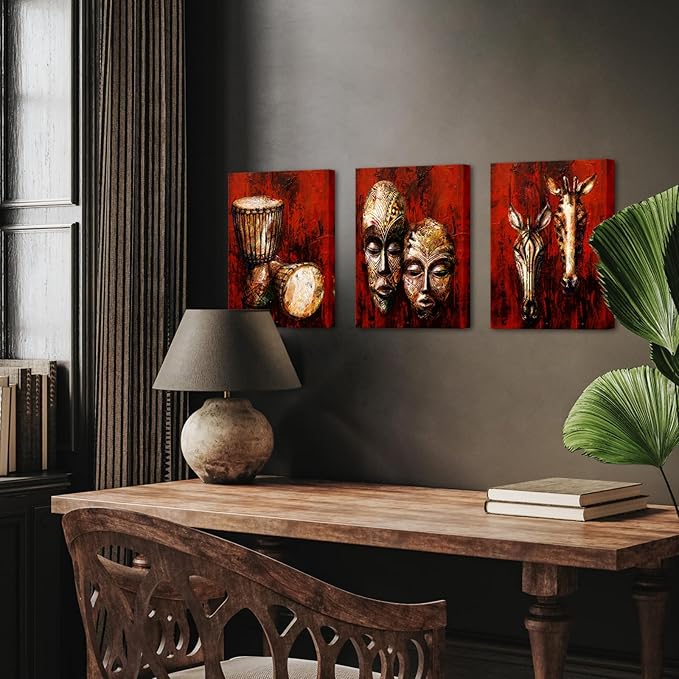 KREATIVE ARTS Vintage Tribal African Canvas Art Authentic Masks, Drums, Zebra & Giraffe Wooden Symbols Painting Giclee Prints Artwork for Home, Living Room & Bedroom Each Panel 12x16 Inches
