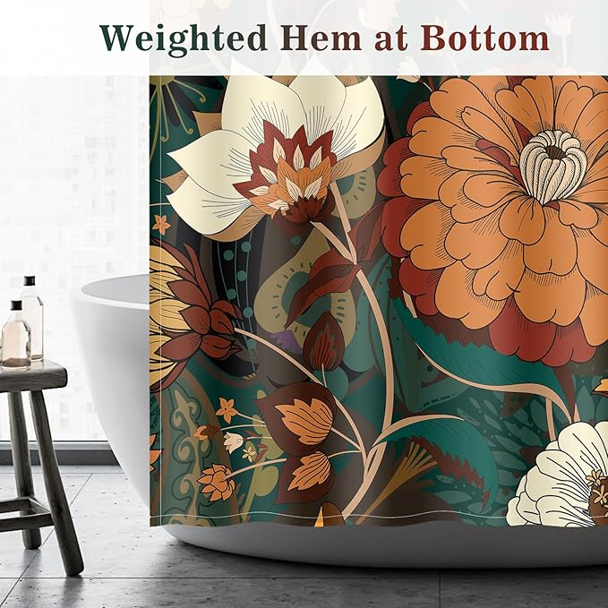 Aimego Stall Small Shower Curtain - Boho Floral Dark Green Bohemian Chic Flowers Botanical Leaves Narrow Half Fabric Cloth Shower Curtain Set for Bathroom Decor Accessories Bath Curtain, 36"x72"