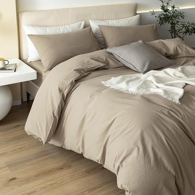 JIYUAN 100% Washed Cotton Duvet Cover Set 3 Pieces Cal King, 1 Duvet Cover 104x98 Inches(Comforter Not Included) and 2 Pillowcases,Linen Feel Bedding Set Comfy and Breathable,Khaki