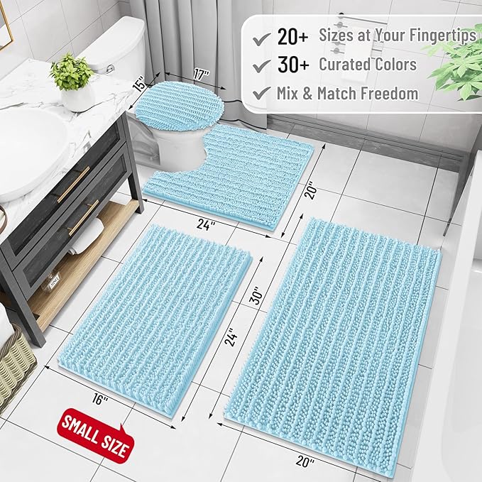 Arotive Luxury Chenille Bathroom Rug Mat, Extra Soft Thick Absorbent Shaggy Bath Rugs, Non-Slip Machine Wash Dry, Plush Bath Mats for Bathroom, Shower and Tub, 47x32, Blue