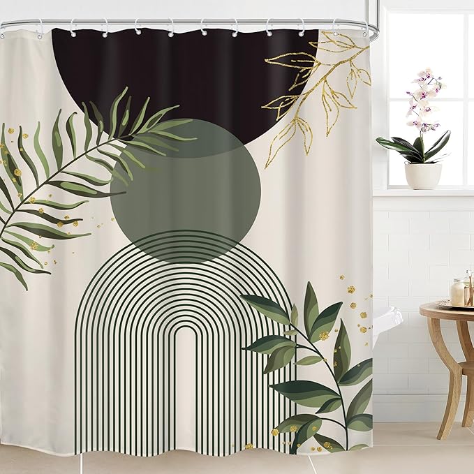 Dark Green Boho Shower Curtain 72Wx84H Extra Long Black Green Modern Bohemian Abstract Plant Leaves Bathroom Decor Minimalist Geometric Neutral Bath Curtain Fabric Polyester 12 Pack Hooks