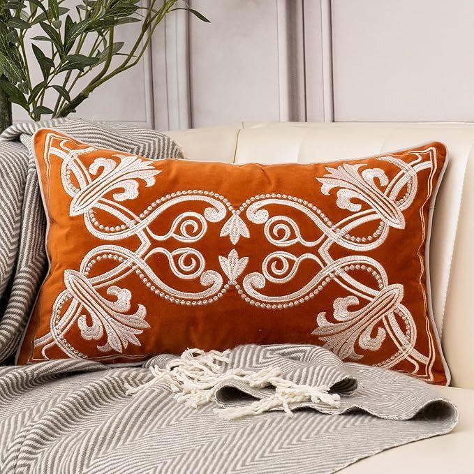 Aeckself European Luxury Velvet Lumbar Throw Pillow Cover 12 x 20 Inch, Embroidery Floral Pillow Cover Home Decor Oblong Pillowcase for Couch Bedroom Living Room, Burnt Orange and White