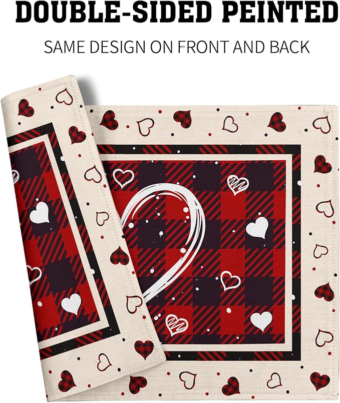 Giwawa Valentine Decorative Placemats Set of 4-12"x18" Love Heart Place Mat with Red Black Buffalo Plaids- Romantic Wedding Anniversary Linen Table Mats for Kitchen Dining Holiday Decor