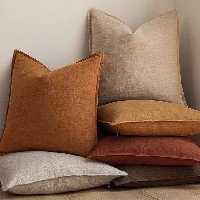Foindtower Set of 2, Decorative Linen Soild Throw Pillow Covers Soft Accent Cushion Euro Case Boho Farmhouse Pillowcase for Chair Couch Sofa Bedroom Living Room Home Decor 22 x 22 Inch Autumn Orange
