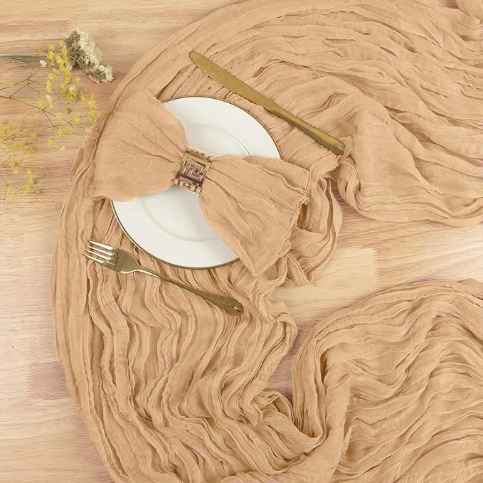 Cheesecloth Table Runner 13.3FT Champagne Gold Boho Gauze Table Runner Wedding Dining Table Decorations for Holiday Birthday Party Baby Shower Event Decorations Summer Garden Farmhouse