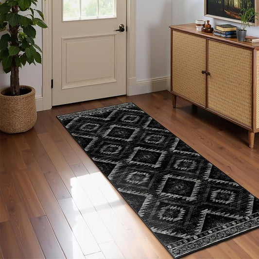 Area Rug 2x6 Rug Machine Washable Non-Slip Low Pile Print Pattern Western Rug for Living Room Bedroom Entryway Tribal Series-Black