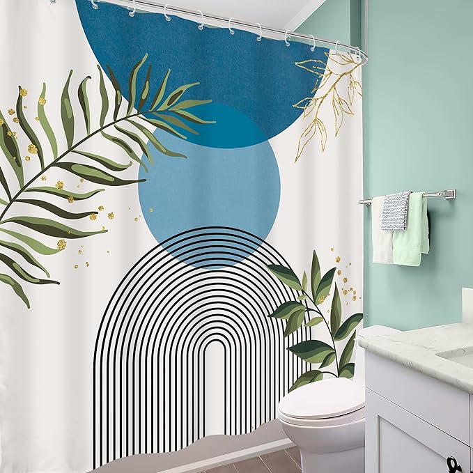 Blue Boho Modern Shower Curtain 72Wx72H Mid Century Abstract Gold Green Leaves Sun Arch Minimalist Geometric Aesthetic Plant Bathroom Decor Neutral Bath Curtain Fabric Polyester 12 Pack Hooks