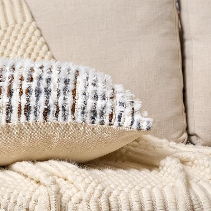 Aeckself Boho Chenille Tufted Pillow Cover 18 x 18 Inch, Decorative Square Throw Pillow Cover Neutral Pillowcase for Couch Bedroom Living Room, Brown White