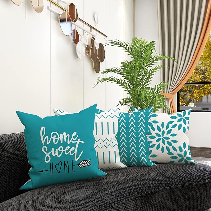 YCOLL Pillow Covers 20x20 Set of 4, Modern Sofa Throw Pillow Cover, Decorative Outdoor Linen Fabric Pillow Case for Couch Bed Car, Aqua Blue